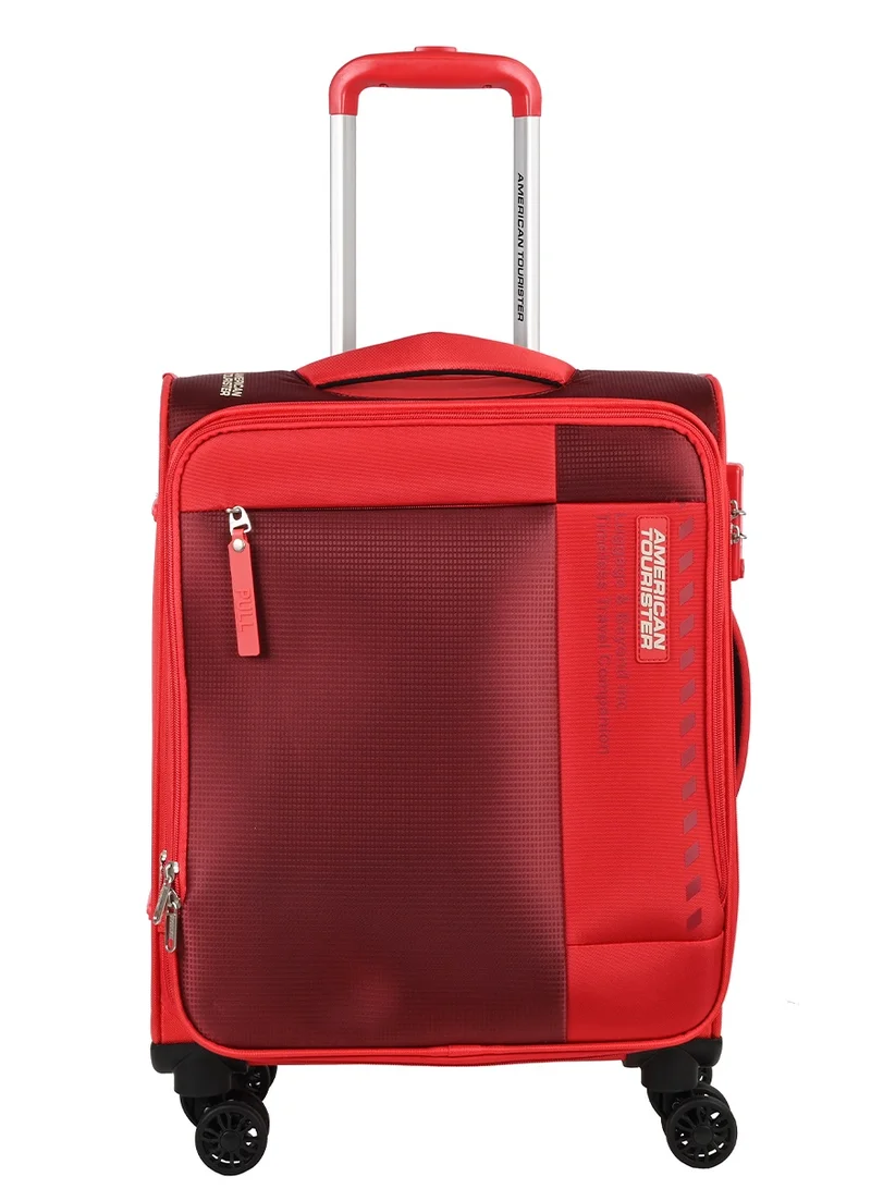 American Tourister red Marina Suitcase, Cabin Size 57 cm, 4 Spinner Wheels, Soft Top, 100% Polyester, Red|Inner Mesh Zippered Pocket|Expandable|TSA Lock|Voluminous Front Pocket - 3 Years International Warranty  | Best Price UAE